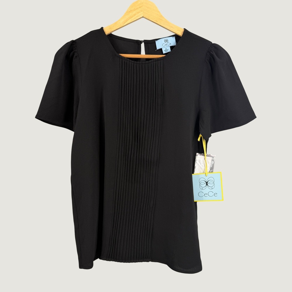 CeCe Pintuck Pleat Blouse Size XS Black Short Sleeve Lightweight New